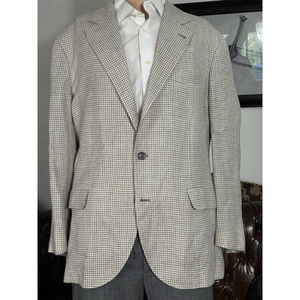Brunello Cucinelli Wool Linen Silk Houndstooth Taupe Cream Blazer 54/44 Men’s